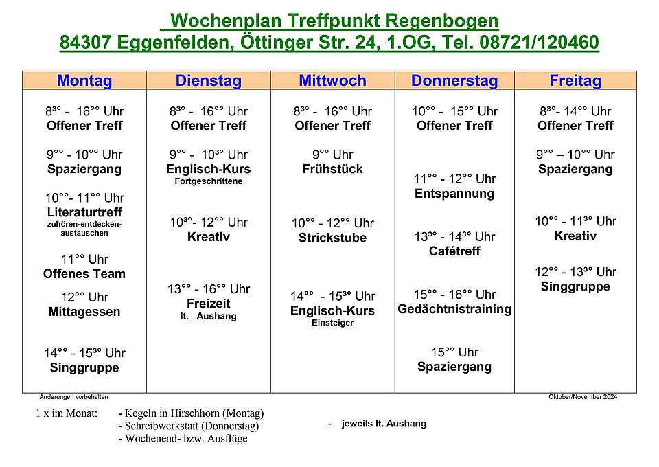 Wochenplan Tageszentrum Regenbogen in Eggenfelden, Stand November 2024