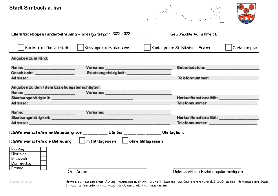 Elternfragebogen Kinderbetreuung, Kindergarten Marienhöhe Simbach am Inn